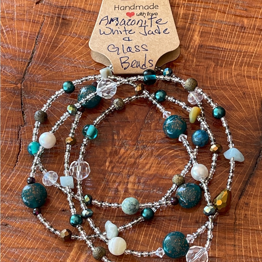 Handcrafted White Jade, Amazonite & Glass Beaded Necklace